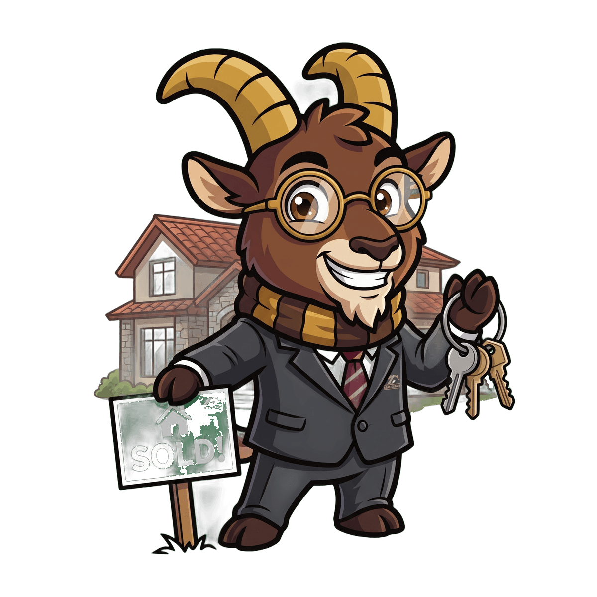 Zak the Ibex planting a SOLD sign in the front yard, handing over keys