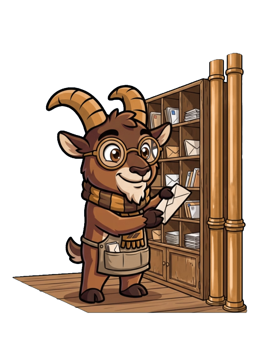 Zak the Ibex sorting mail in the mail room